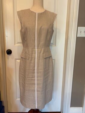 J. Crew Beige Sheath linen dress with White Center Piping